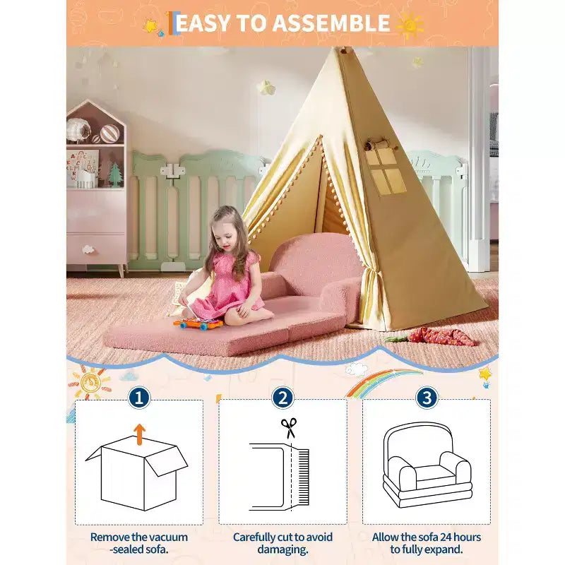 Canapé et fauteuil convertible 2-en-1 pour enfants, canapé-lit design demi-lune, canapé-lit pliant en tissu polaire Teddy pour enfants, housse lavable en machine