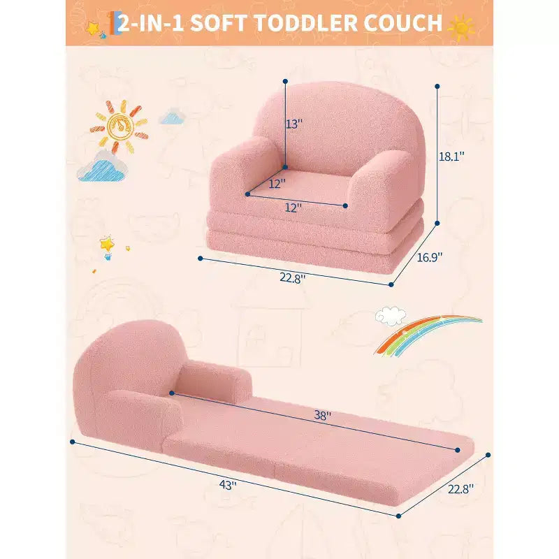 Canapé et fauteuil convertible 2-en-1 pour enfants, canapé-lit design demi-lune, canapé-lit pliant en tissu polaire Teddy pour enfants, housse lavable en machine