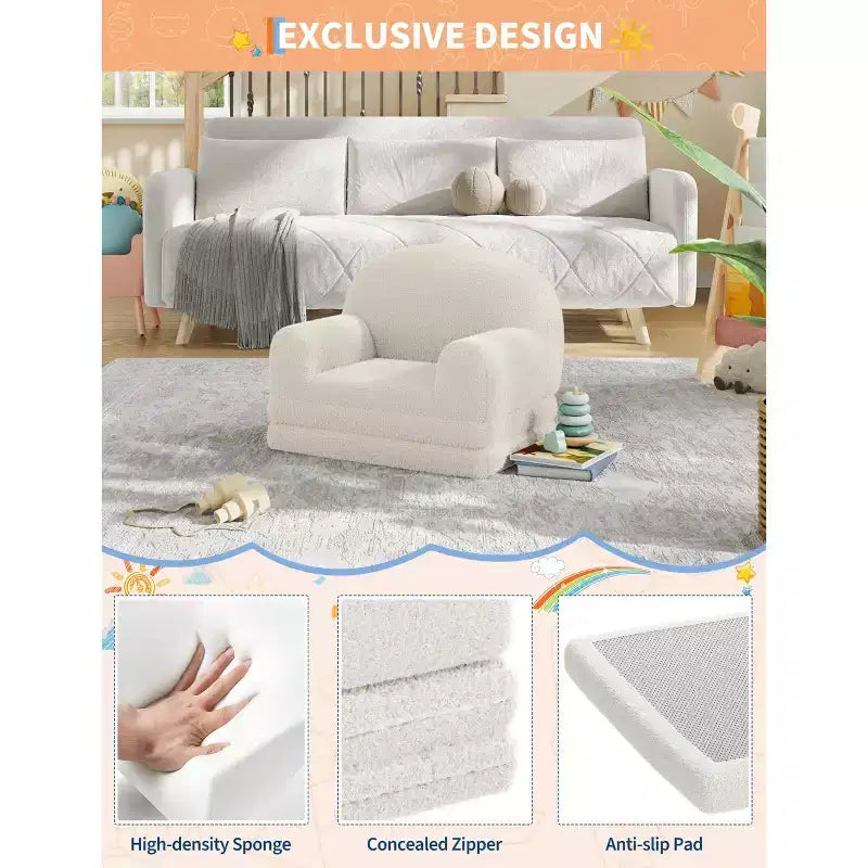 Canapé et fauteuil convertible 2-en-1 pour enfants, canapé-lit design demi-lune, canapé-lit pliant en tissu polaire Teddy pour enfants, housse lavable en machine