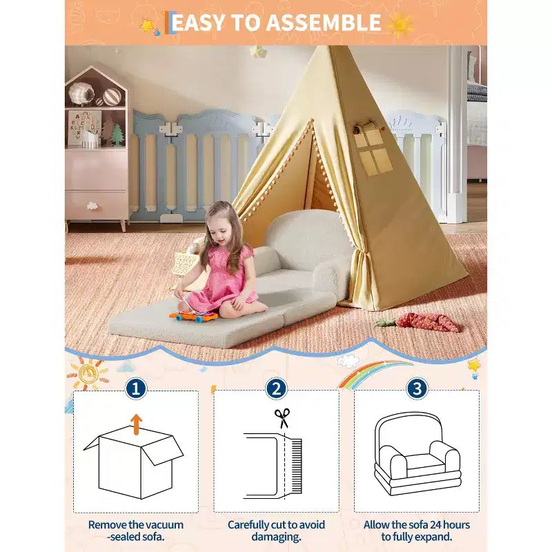 Canapé et fauteuil convertible 2-en-1 pour enfants, canapé-lit design demi-lune, canapé-lit pliant en tissu polaire Teddy pour enfants, housse lavable en machine