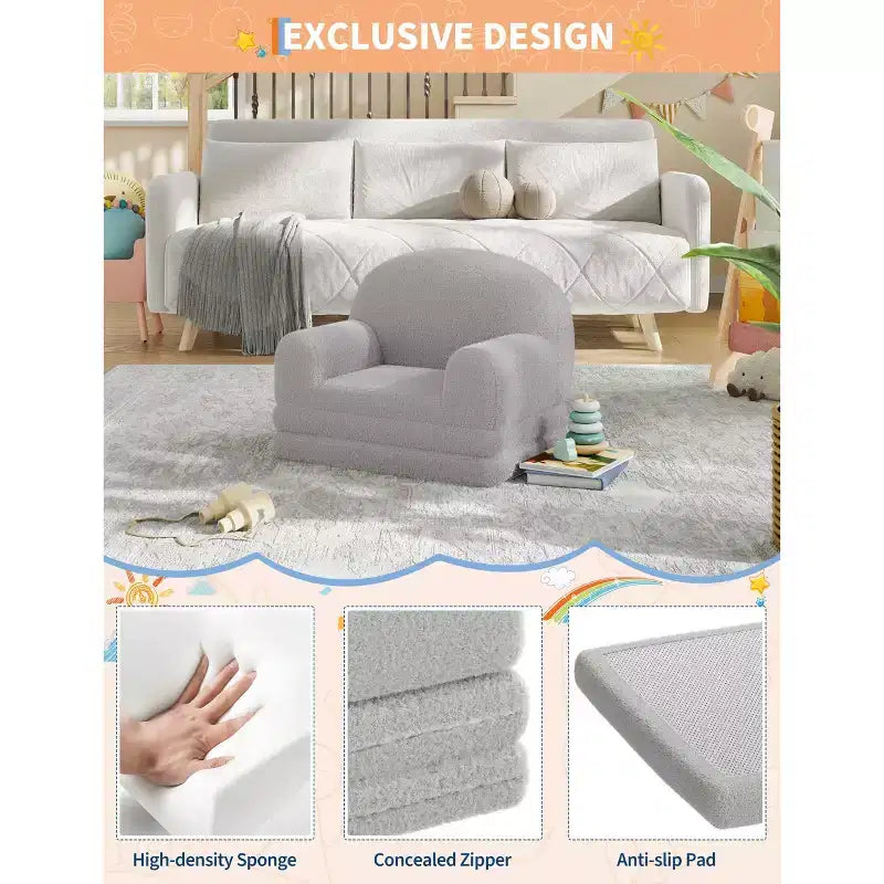 Canapé et fauteuil convertible 2-en-1 pour enfants, canapé-lit design demi-lune, canapé-lit pliant en tissu polaire Teddy pour enfants, housse lavable en machine