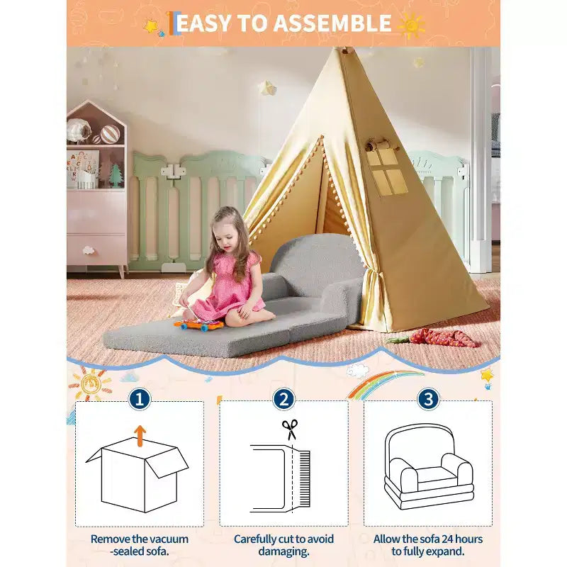Canapé et fauteuil convertible 2-en-1 pour enfants, canapé-lit design demi-lune, canapé-lit pliant en tissu polaire Teddy pour enfants, housse lavable en machine