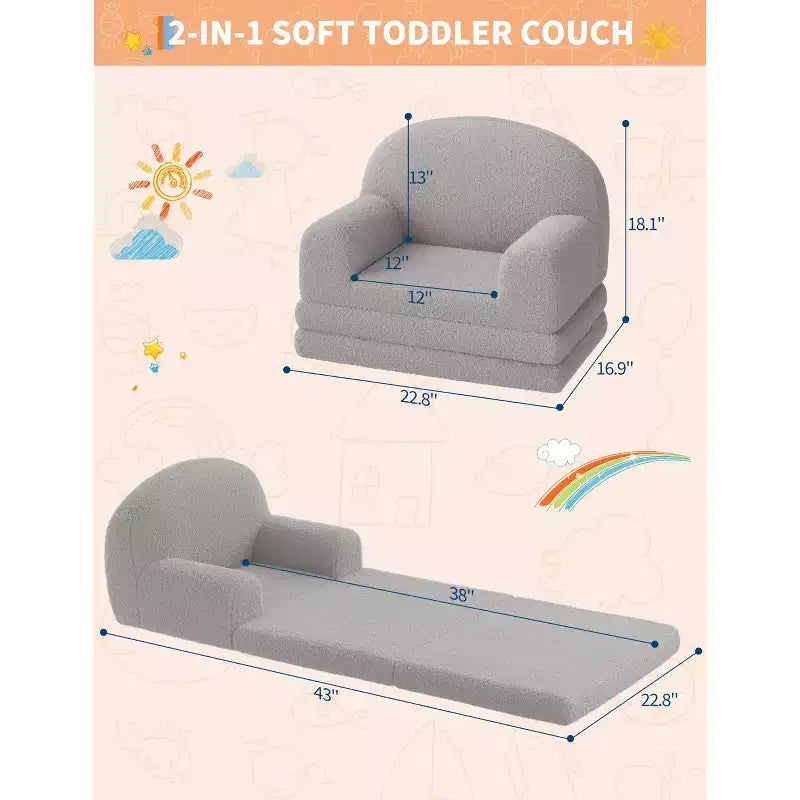 Canapé et fauteuil convertible 2-en-1 pour enfants, canapé-lit design demi-lune, canapé-lit pliant en tissu polaire Teddy pour enfants, housse lavable en machine
