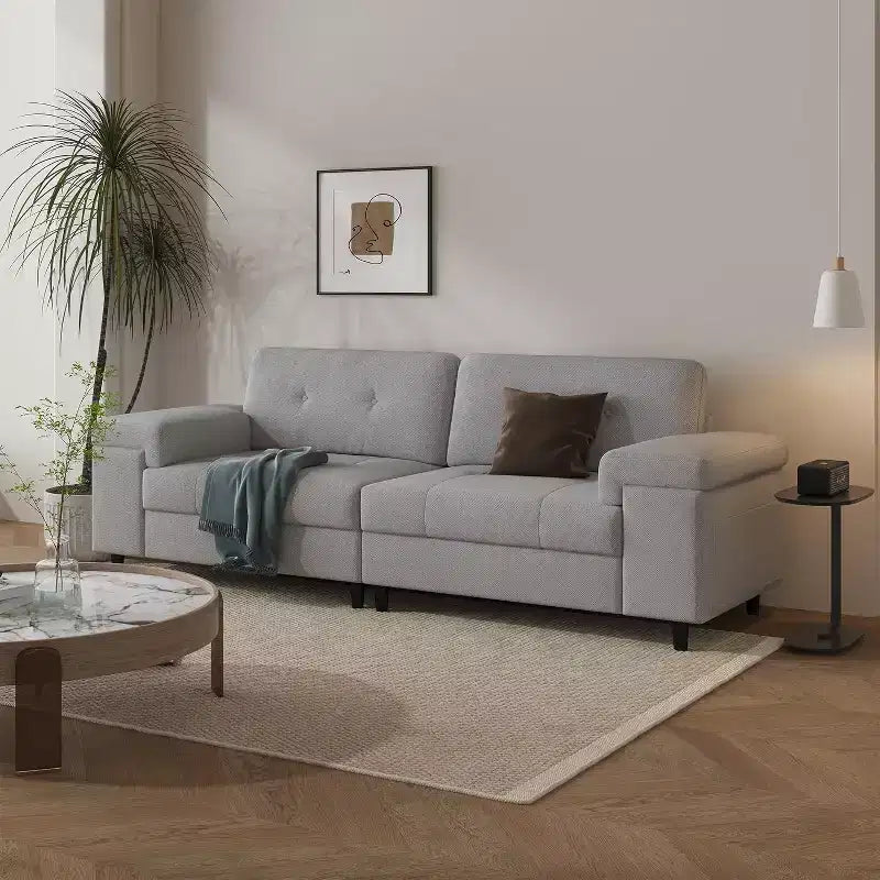 Canapé moderne 3 places 85, en tissu chenille avec accoudoirs larges réglables et dossier touffeté capitonné, montage facile