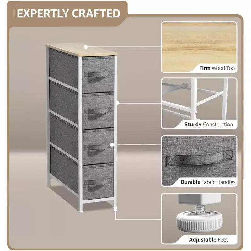 Sorbus Commode Étroite à 4 Tiroirs – avec Cadre en Acier, Plateau en Bois et Bacs en Tissu Faciles à Tirer pour Petits Espaces, Placards, Chambres, Salles de Bain et Buanderies