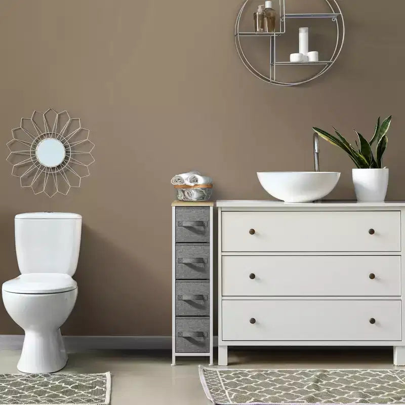 Sorbus Commode Étroite à 4 Tiroirs – avec Cadre en Acier, Plateau en Bois et Bacs en Tissu Faciles à Tirer pour Petits Espaces, Placards, Chambres, Salles de Bain et Buanderies