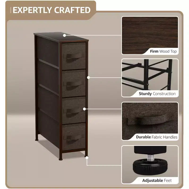 Sorbus Commode Étroite à 4 Tiroirs – avec Cadre en Acier, Plateau en Bois et Bacs en Tissu Faciles à Tirer pour Petits Espaces, Placards, Chambres, Salles de Bain et Buanderies