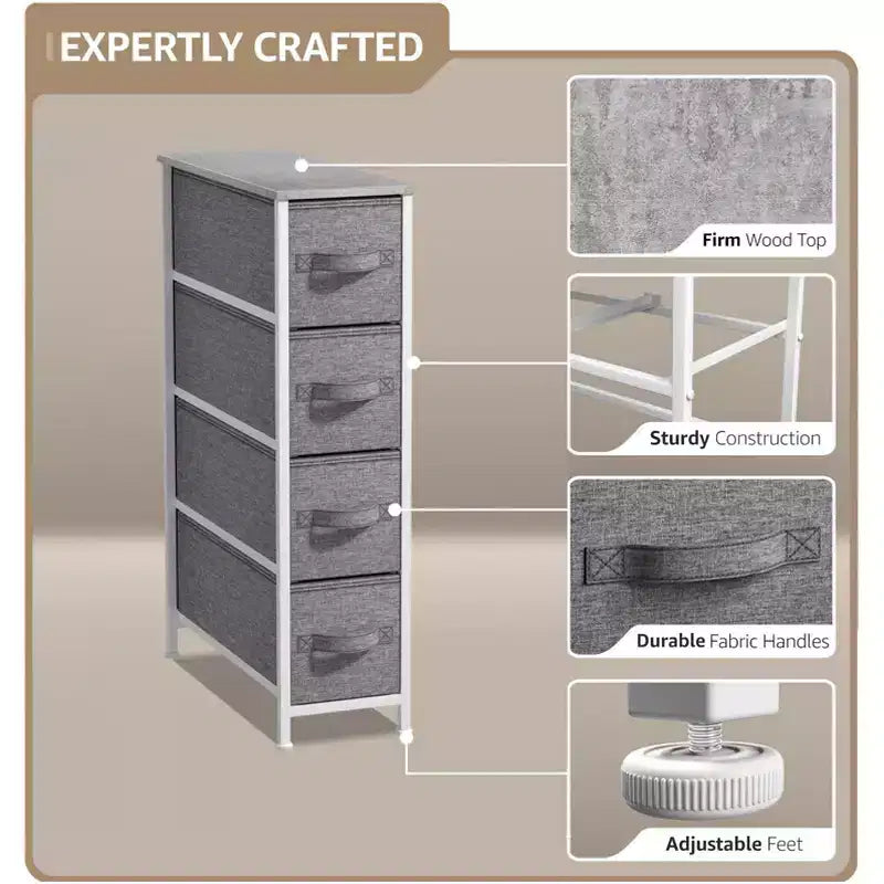 Sorbus Commode Étroite à 4 Tiroirs – avec Cadre en Acier, Plateau en Bois et Bacs en Tissu Faciles à Tirer pour Petits Espaces, Placards, Chambres, Salles de Bain et Buanderies
