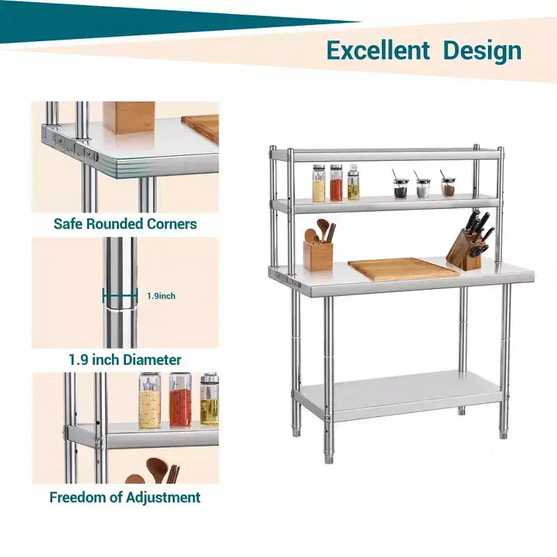 Table en acier inoxydable, table de préparation commerciale en métal robuste avec quatre niveaux de rangement avec crochets pour la cuisine, la maison, la préparation des aliments à l'hôtel