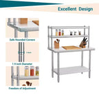 Table en acier inoxydable, table de préparation commerciale en métal robuste avec quatre niveaux de rangement avec crochets pour la cuisine, la maison, la préparation des aliments à l'hôtel