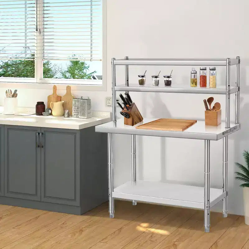 Table en acier inoxydable, table de préparation commerciale en métal robuste avec quatre niveaux de rangement avec crochets pour la cuisine, la maison, la préparation des aliments à l'hôtel