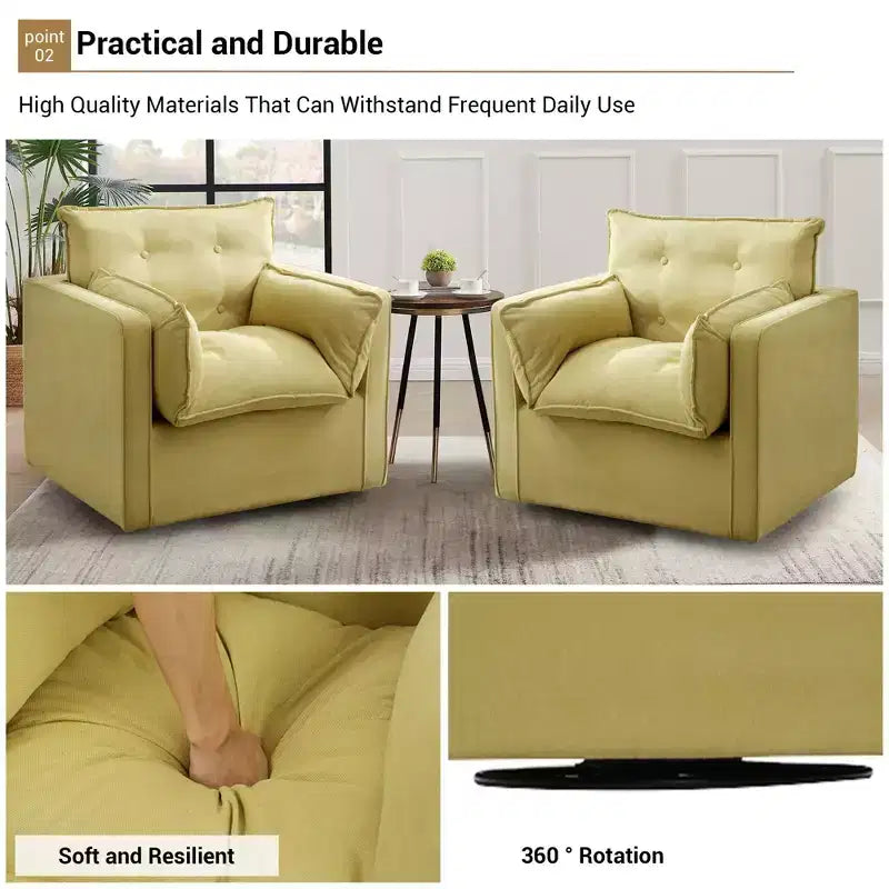 Fauteuil d'appoint pivotant surdimensionné, canapé d'appoint confortable de style Mid-Century, fauteuil baquet moderne en tissu de lin, base en métal, aucun assemblage requis, pour salon