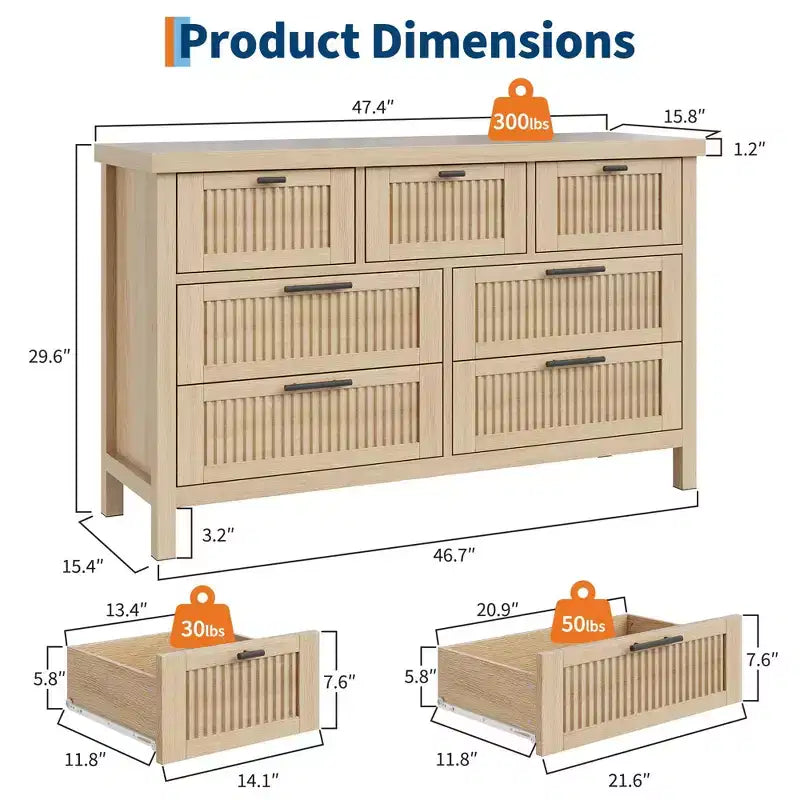 Commode à 7 tiroirs GustoWave avec façades texturées, meuble TV pour téléviseurs jusqu'à 65", pour grand coffre de rangement pour chambre, salon, entrée