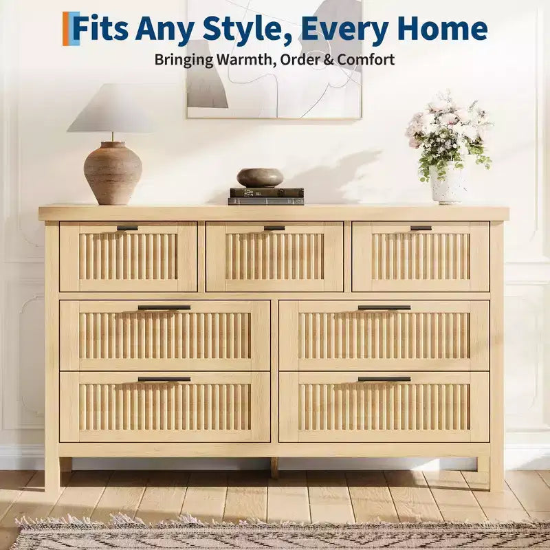 Commode à 7 tiroirs GustoWave avec façades texturées, meuble TV pour téléviseurs jusqu'à 65", pour grand coffre de rangement pour chambre, salon, entrée