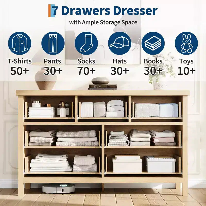 Commode à 7 tiroirs GustoWave avec façades texturées, meuble TV pour téléviseurs jusqu'à 65", pour grand coffre de rangement pour chambre, salon, entrée