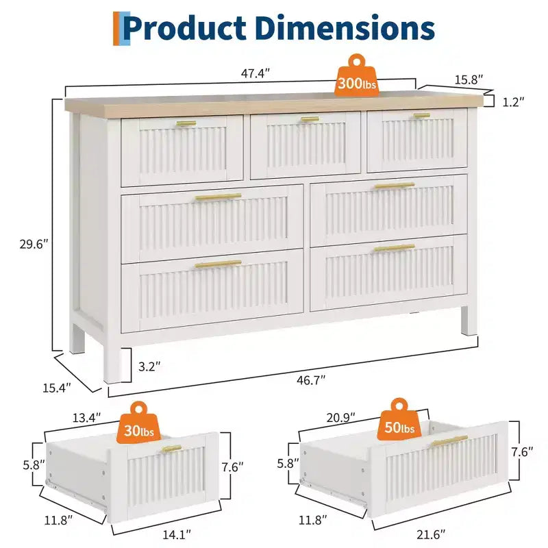 Commode à 7 tiroirs GustoWave avec façades texturées, meuble TV pour téléviseurs jusqu'à 65", pour grand coffre de rangement pour chambre, salon, entrée