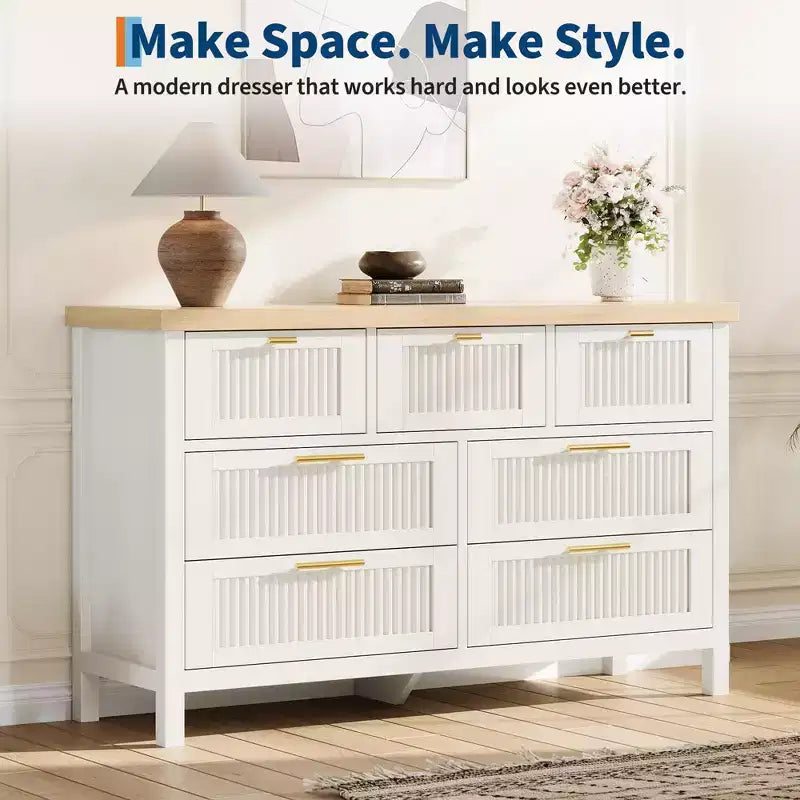 Commode à 7 tiroirs GustoWave avec façades texturées, meuble TV pour téléviseurs jusqu'à 65", pour grand coffre de rangement pour chambre, salon, entrée