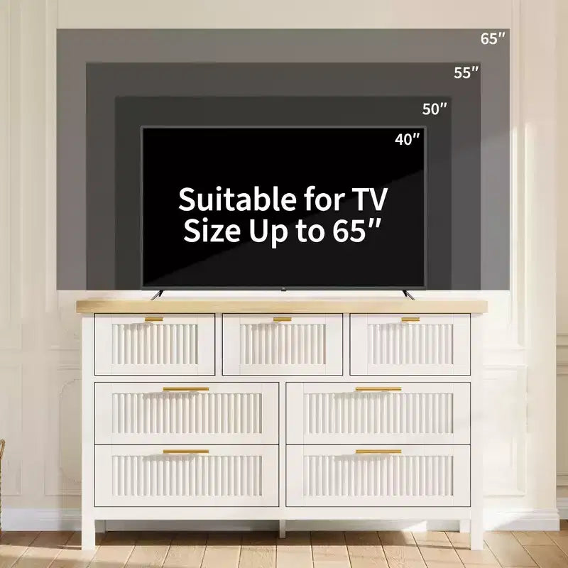Commode à 7 tiroirs GustoWave avec façades texturées, meuble TV pour téléviseurs jusqu'à 65", pour grand coffre de rangement pour chambre, salon, entrée