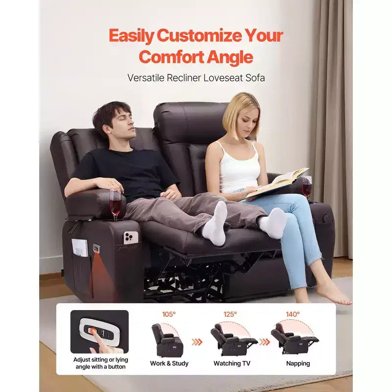 VEVOR Canapé inclinable causeuse, canapé inclinable électrique avec chauffage et massage et minuterie, canapé inclinable électrique en cuir PU avec ports USB, porte-gobelets, marron