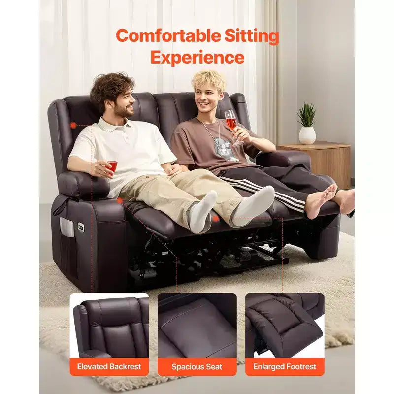 VEVOR Canapé inclinable causeuse, canapé inclinable électrique avec chauffage et massage et minuterie, canapé inclinable électrique en cuir PU avec ports USB, porte-gobelets, marron