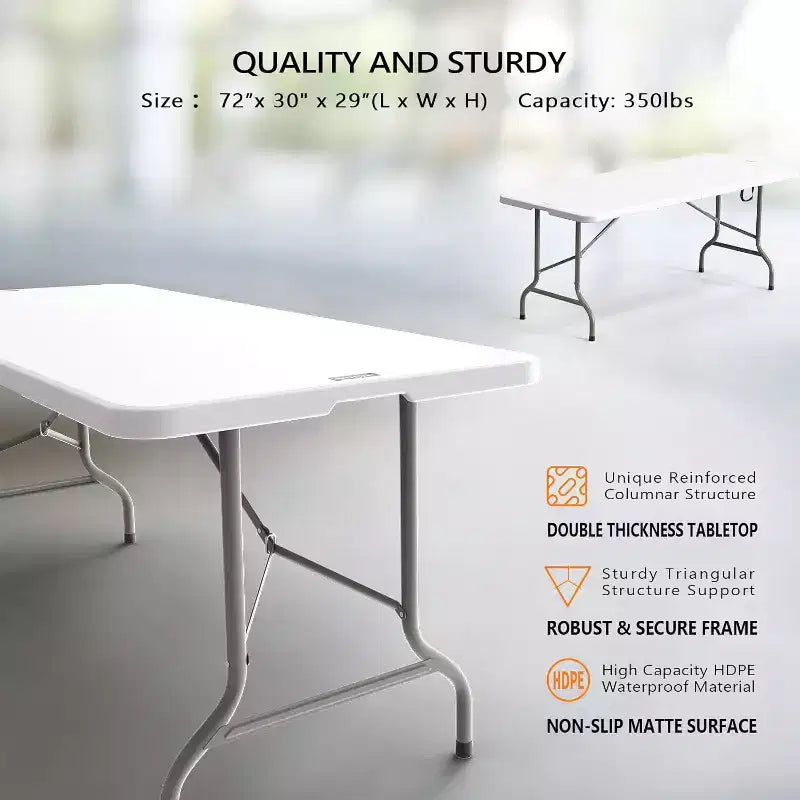 VINGLI Table pliante en plastique de 1,8 m, table longue portable pour usage intérieur/extérieur rectangulaire avec poignée de transport, plateau en HDPE lisse, blanc