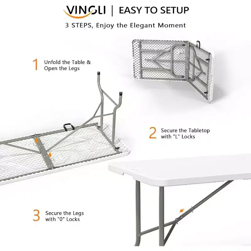 VINGLI Table pliante en plastique de 1,8 m, table longue portable pour usage intérieur/extérieur rectangulaire avec poignée de transport, plateau en HDPE lisse, blanc