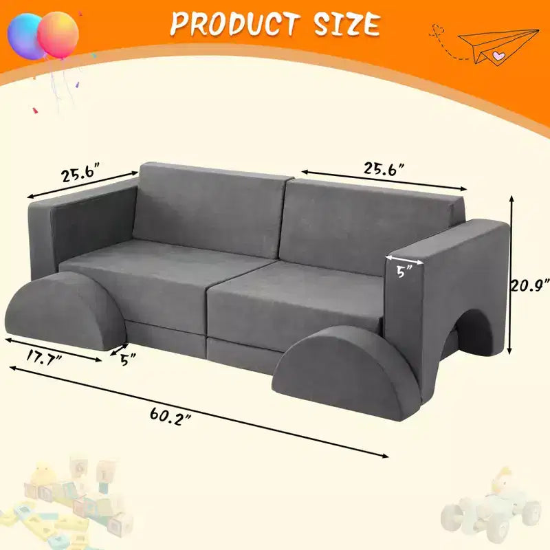 Canapé de jeu modulaire 8 pièces pour enfants, canapé de sol pour tout-petits garçons et filles, lit-canapé convertible avec housse lavable en machine, canapé de jeu multifonctionnel