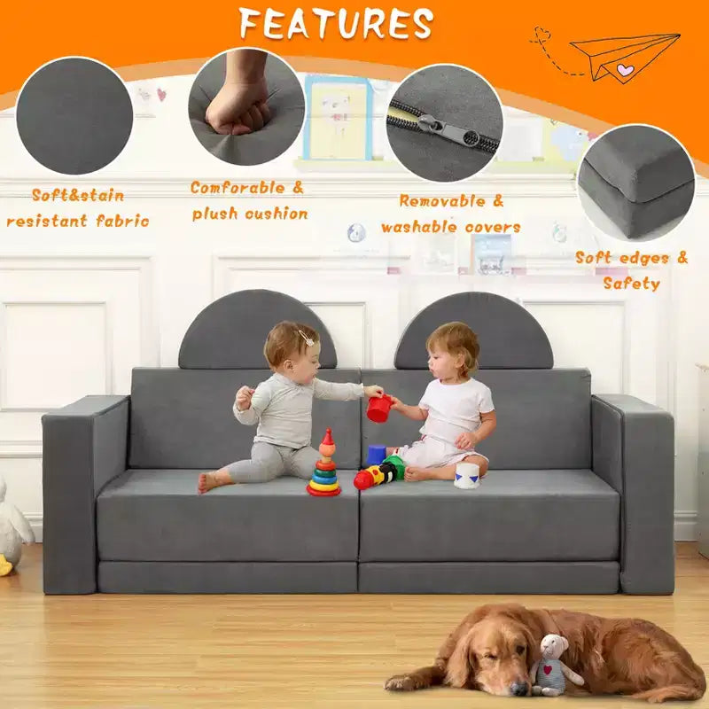 Canapé de jeu modulaire 8 pièces pour enfants, canapé de sol pour tout-petits garçons et filles, lit-canapé convertible avec housse lavable en machine, canapé de jeu multifonctionnel