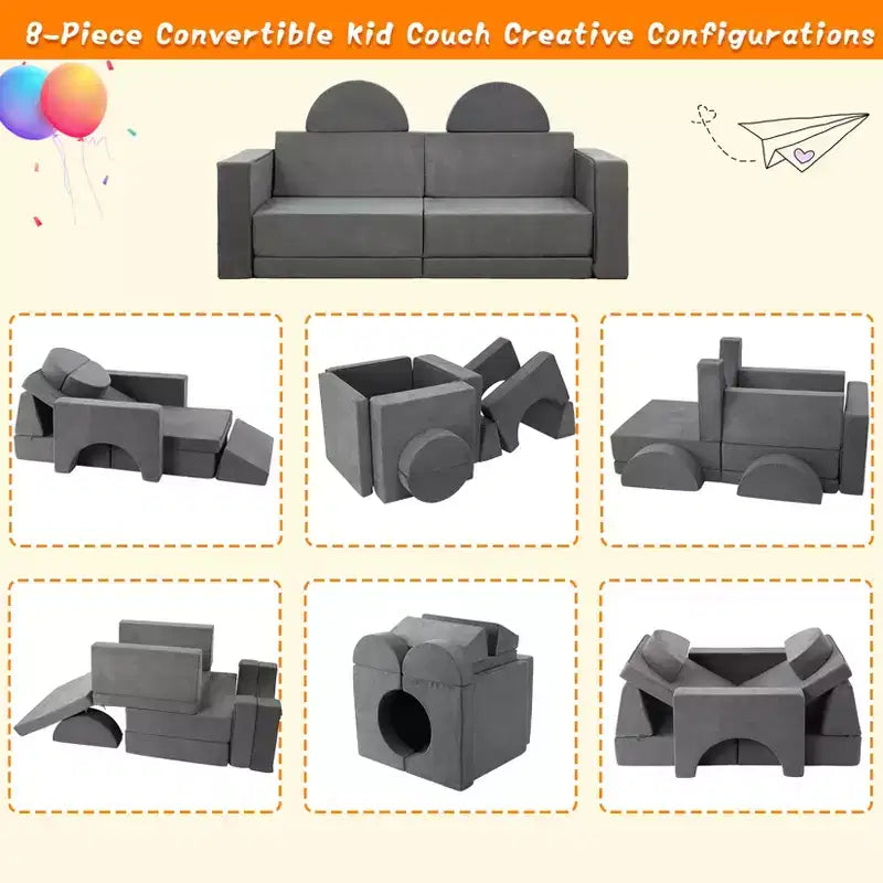 Canapé de jeu modulaire 8 pièces pour enfants, canapé de sol pour tout-petits garçons et filles, lit-canapé convertible avec housse lavable en machine, canapé de jeu multifonctionnel