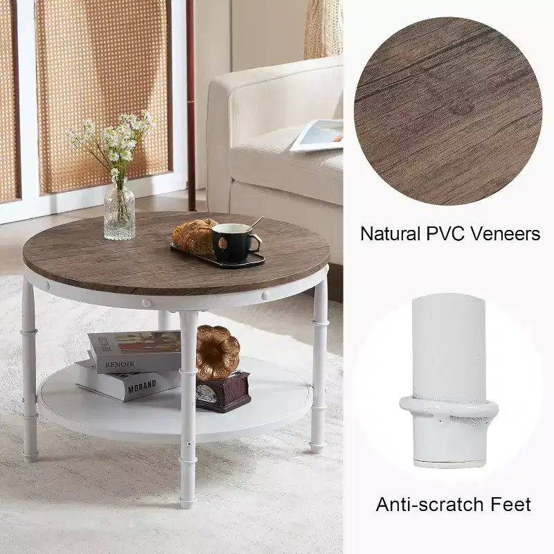 VINGLI 25,6" Table basse ronde de ferme noyer foncé et blanc, table d'appoint circulaire en bois à 2 niveaux pour le salon