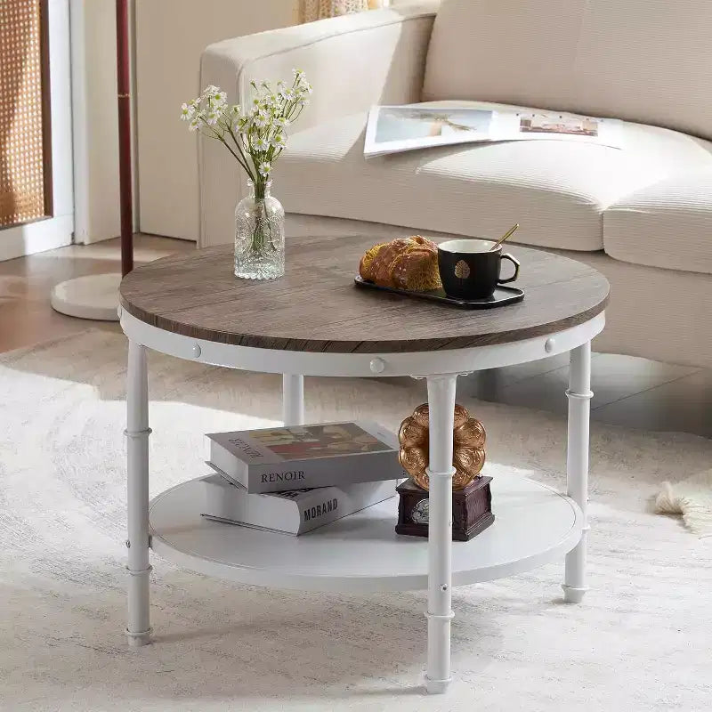VINGLI 25,6" Table basse ronde de ferme noyer foncé et blanc, table d'appoint circulaire en bois à 2 niveaux pour le salon