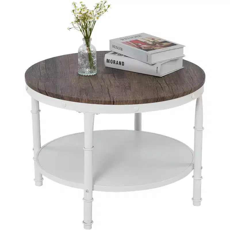 VINGLI 25,6" Table basse ronde de ferme noyer foncé et blanc, table d'appoint circulaire en bois à 2 niveaux pour le salon