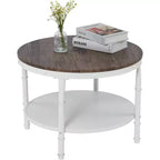 VINGLI 25,6" Table basse ronde de ferme noyer foncé et blanc, table d'appoint circulaire en bois à 2 niveaux pour le salon
