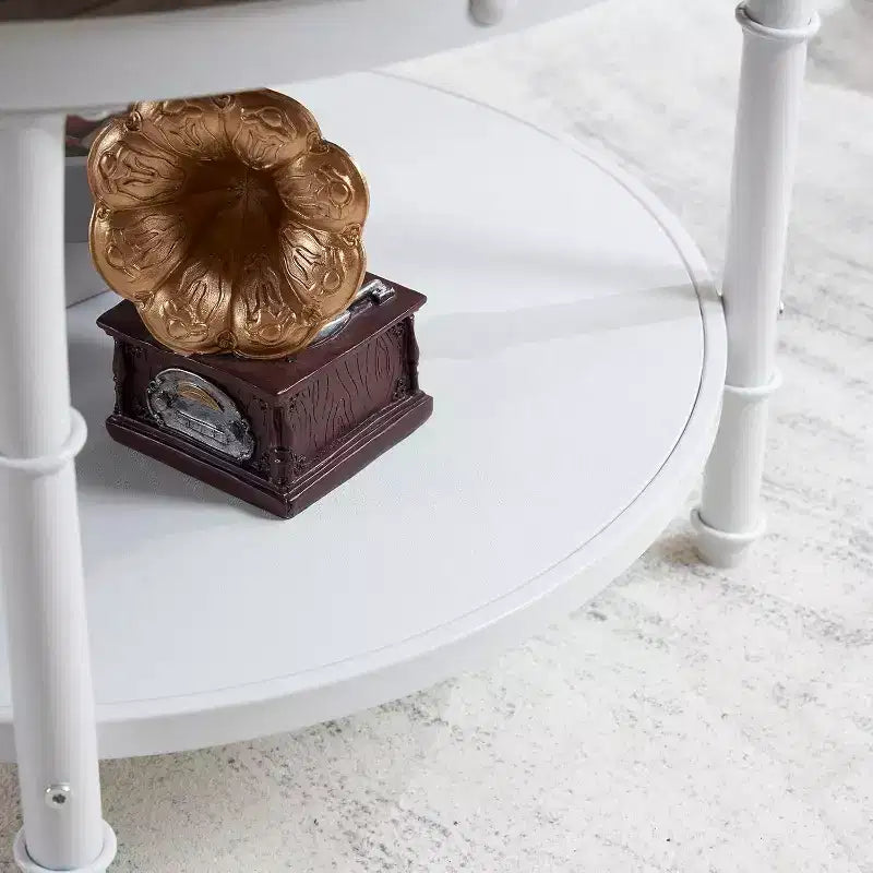 VINGLI 25,6" Table basse ronde de ferme noyer foncé et blanc, table d'appoint circulaire en bois à 2 niveaux pour le salon