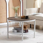 VINGLI 25,6" Table basse ronde de ferme noyer foncé et blanc, table d'appoint circulaire en bois à 2 niveaux pour le salon