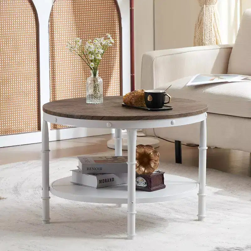VINGLI 25,6" Table basse ronde de ferme noyer foncé et blanc, table d'appoint circulaire en bois à 2 niveaux pour le salon