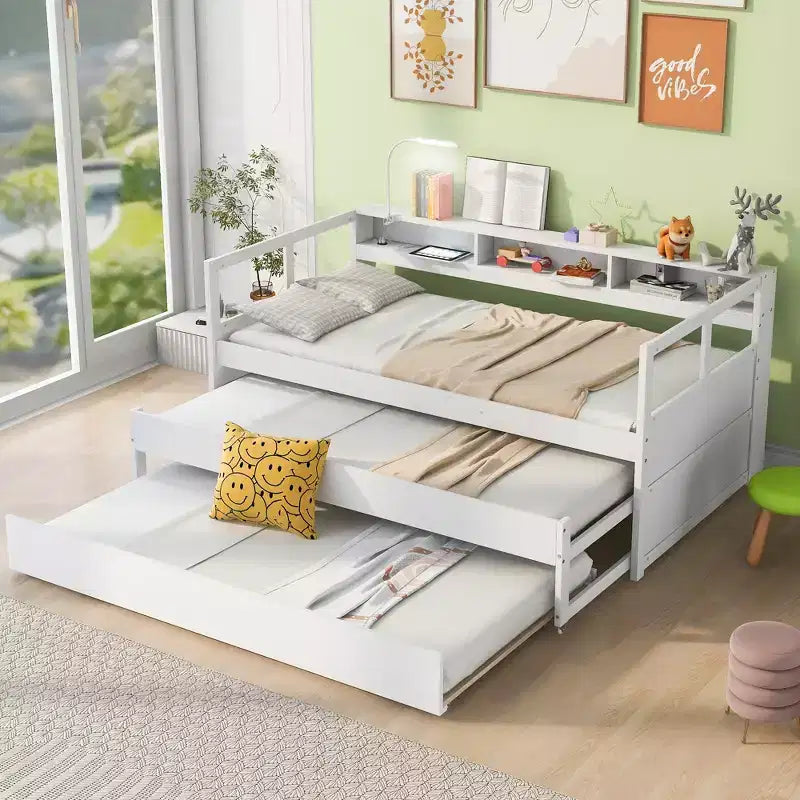 Lit de repos double XL avec 2 lits gigognes et étagères de rangement, cadre de canapé en bois avec port de chargement USB et 1 lampe offerte,