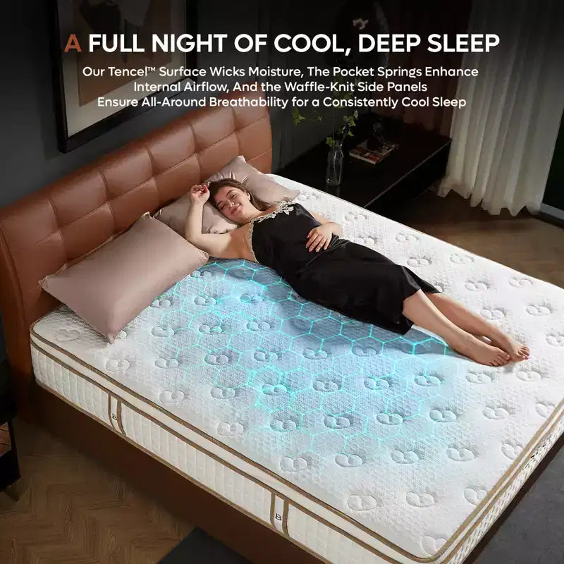 Matelas hybride Tencel de 12 pouces, taille double, mousse à mémoire de forme rafraîchissante et couche moelleuse, livré dans une boîte