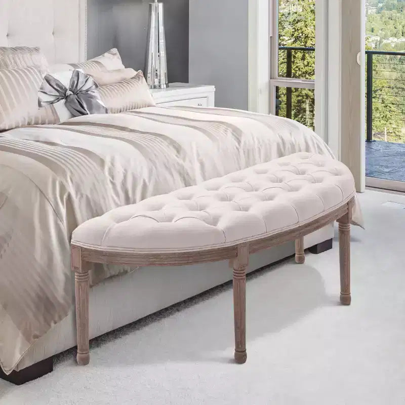 Banc de bout de lit semi-circulaire capitonné, banc d'entrée de chambre rembourré avec pieds en bois d'hévéa