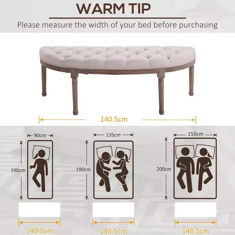 Banc de bout de lit semi-circulaire capitonné, banc d'entrée de chambre rembourré avec pieds en bois d'hévéa