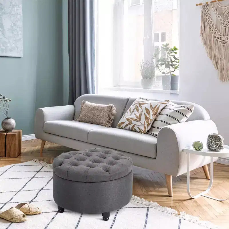 Pouffre de rangement rond en tissu effet lin, capitonné, avec couvercle amovible