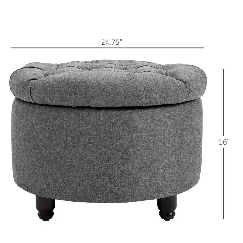Pouffre de rangement rond en tissu effet lin, capitonné, avec couvercle amovible
