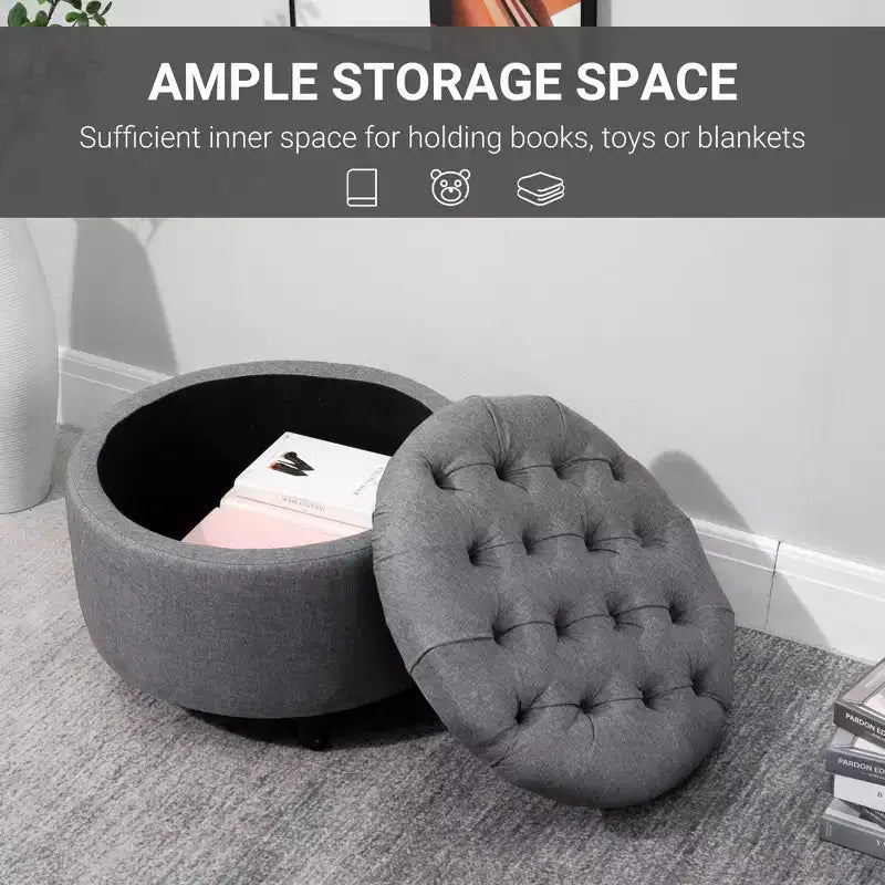 Pouffre de rangement rond en tissu effet lin, capitonné, avec couvercle amovible