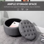 Pouffre de rangement rond en tissu effet lin, capitonné, avec couvercle amovible