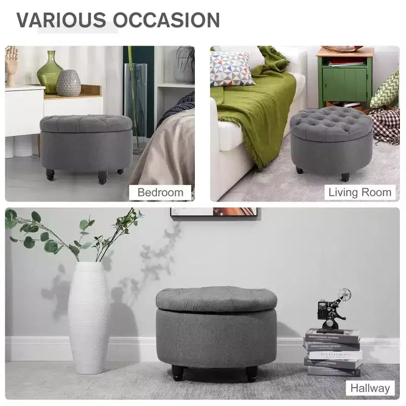 Pouffre de rangement rond en tissu effet lin, capitonné, avec couvercle amovible
