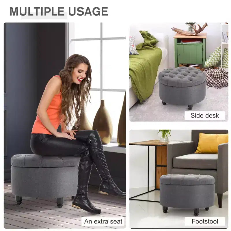 Pouffre de rangement rond en tissu effet lin, capitonné, avec couvercle amovible