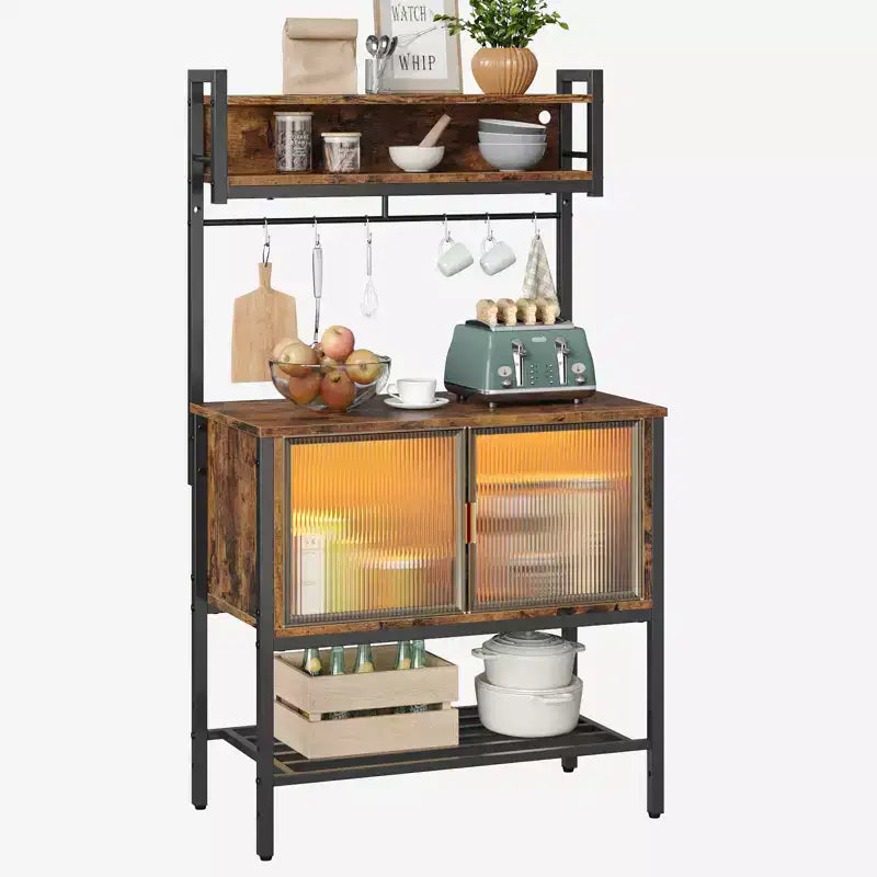 Bestier Étagère de cuisine 5 niveaux avec placards de rangement et LED, support pour micro-ondes avec armoire et crochets, station de café 59 avec étagères de rangement ouvertes