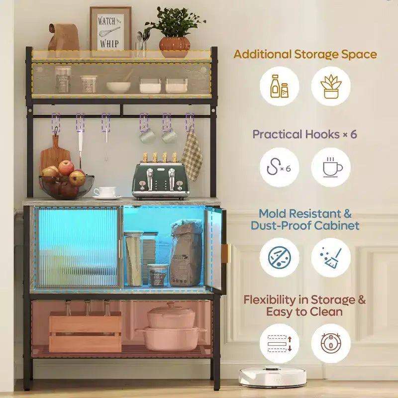 Bestier Étagère de cuisine 5 niveaux avec placards de rangement et LED, support pour micro-ondes avec armoire et crochets, station de café 59 avec étagères de rangement ouvertes