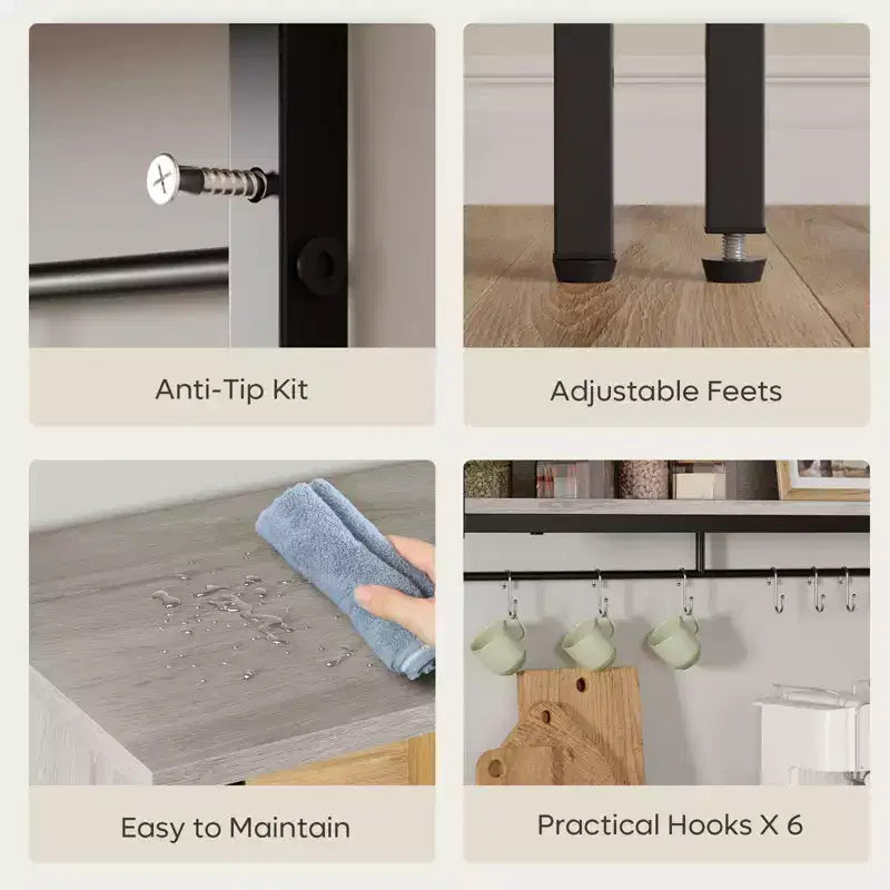 Bestier Étagère de cuisine 5 niveaux avec placards de rangement et LED, support pour micro-ondes avec armoire et crochets, station de café 59 avec étagères de rangement ouvertes