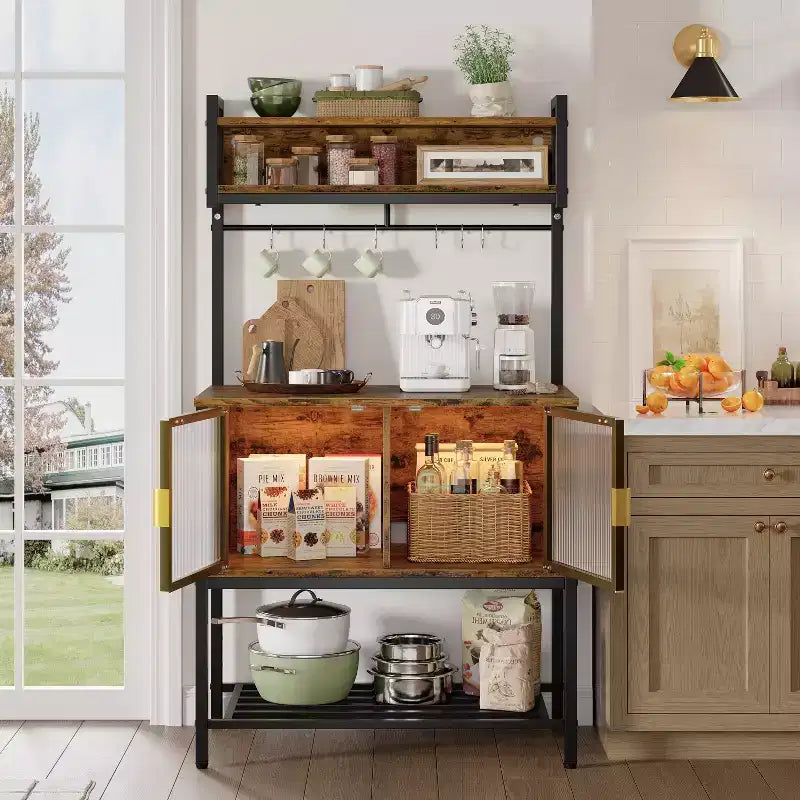 Bestier Étagère de cuisine 5 niveaux avec placards de rangement et LED, support pour micro-ondes avec armoire et crochets, station de café 59 avec étagères de rangement ouvertes